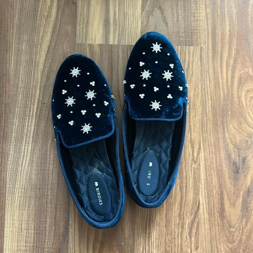 Blue Velvet & Rhinestone Birdies Loafers